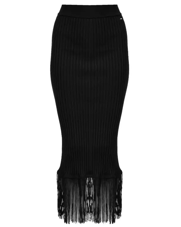 Chic Ribbed-Fringe Pencil Skirt in Black