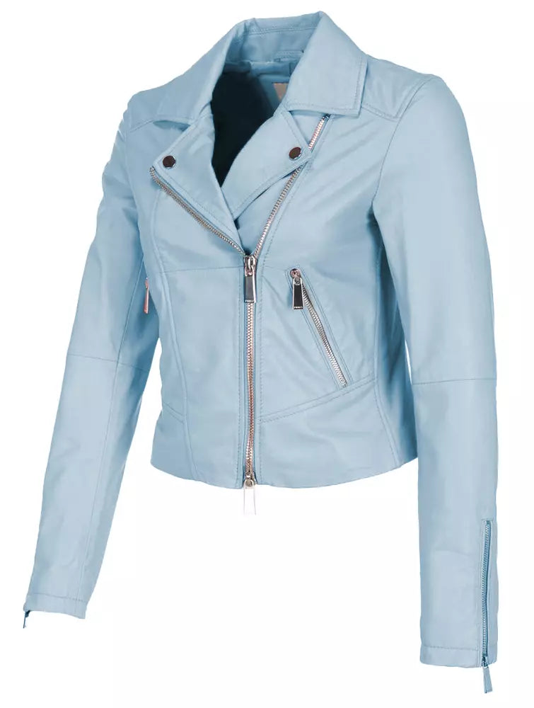 Chic Light Blue Lambskin Biker Jacket