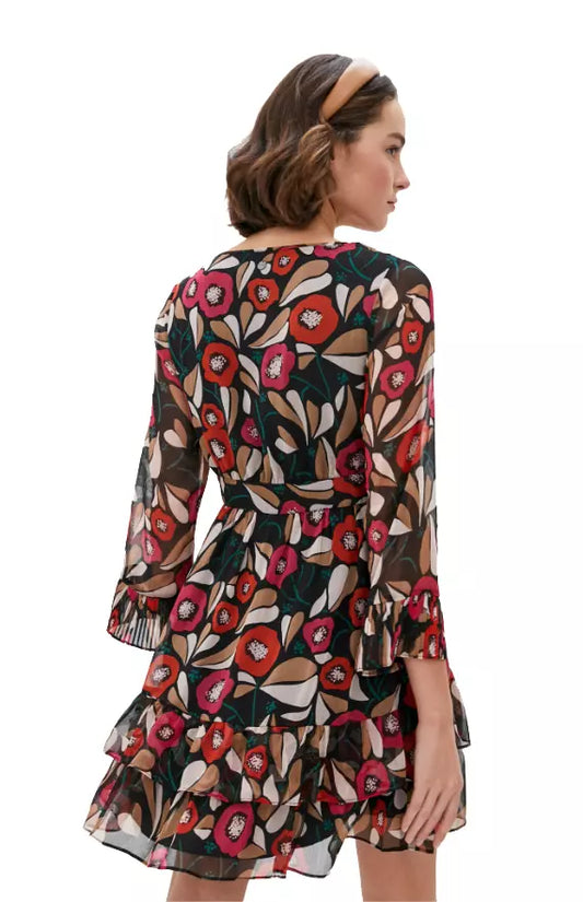 Multicolor Floral Crepe Midi Dress with Ribbon Waist