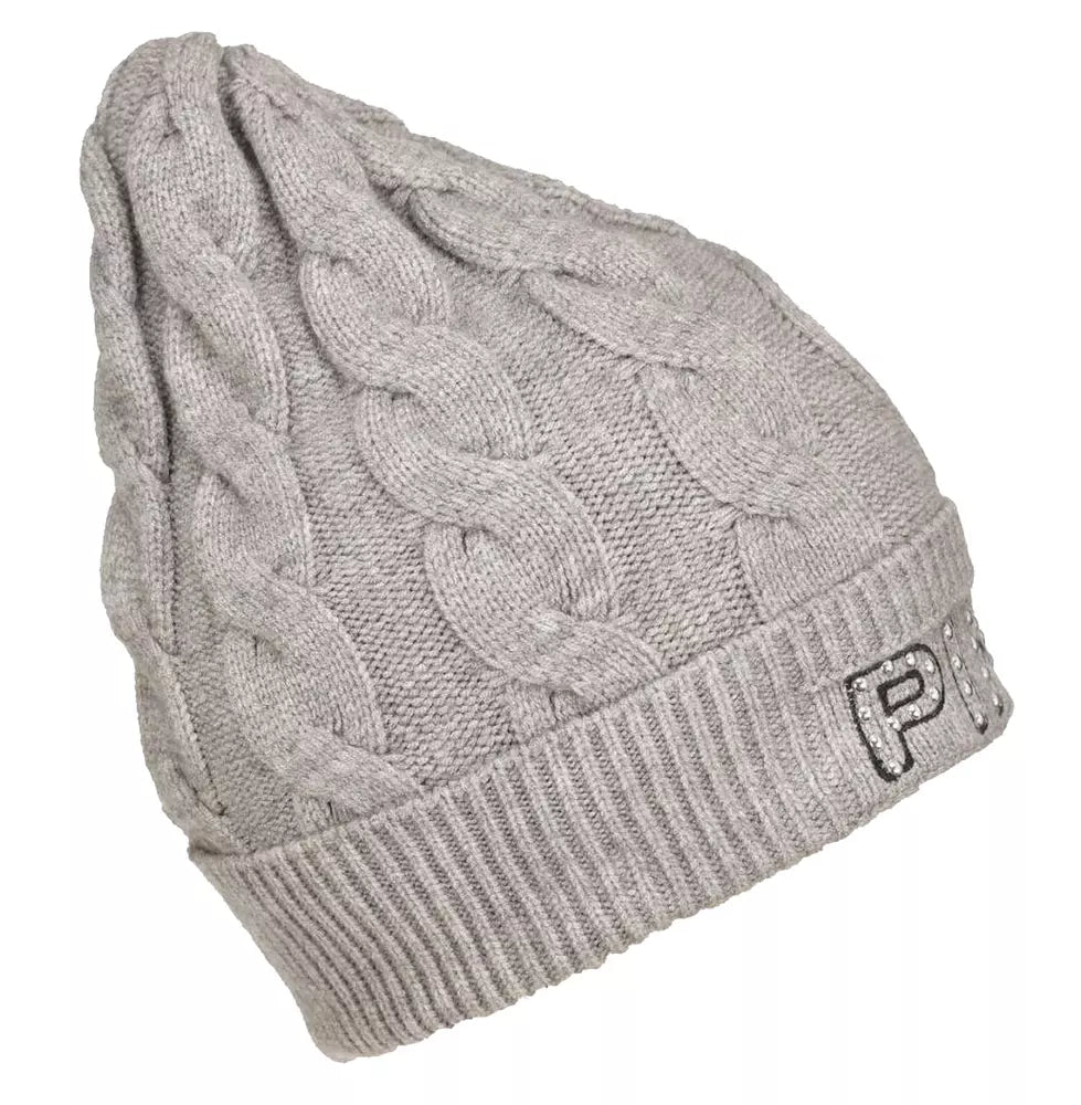 Chic Gray Braided Winter Beanie with Stud Detail