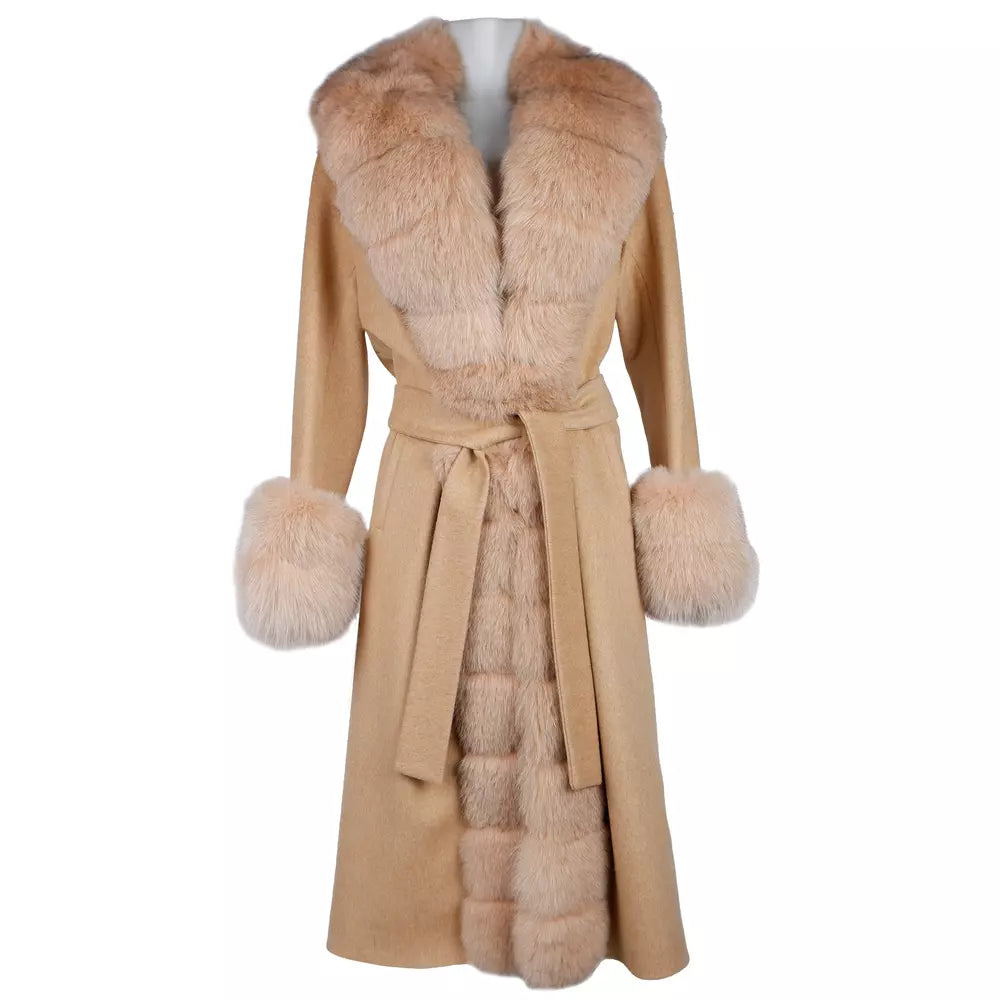 Elegant Beige Wool Coat with Fox Fur Trim