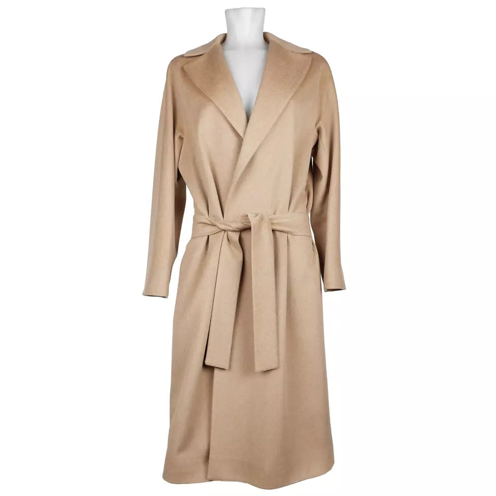 Elegant Beige Wool Coat with Ribbon Belt