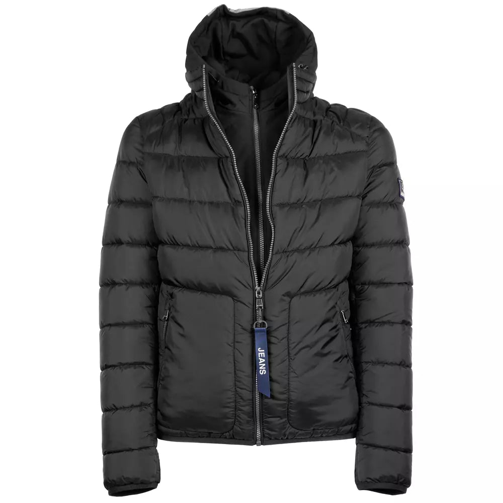 Sleek Black Hooded Men's Jacket with Zip Closure