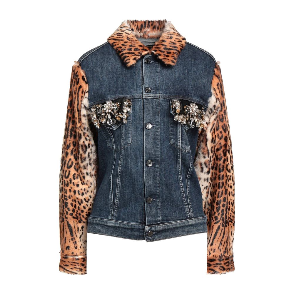 Elegant Denim Fur-Lined Jacket with Gemstones