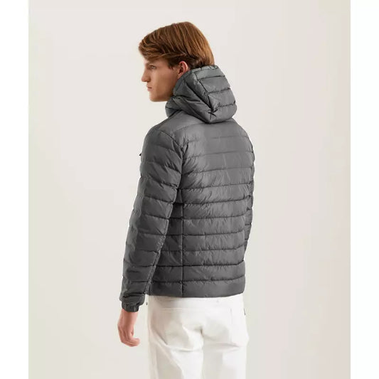 Sleek Gray Hooded Down Jacket with Zip Closure