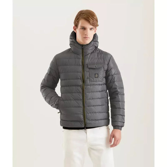 Sleek Gray Hooded Down Jacket with Zip Closure