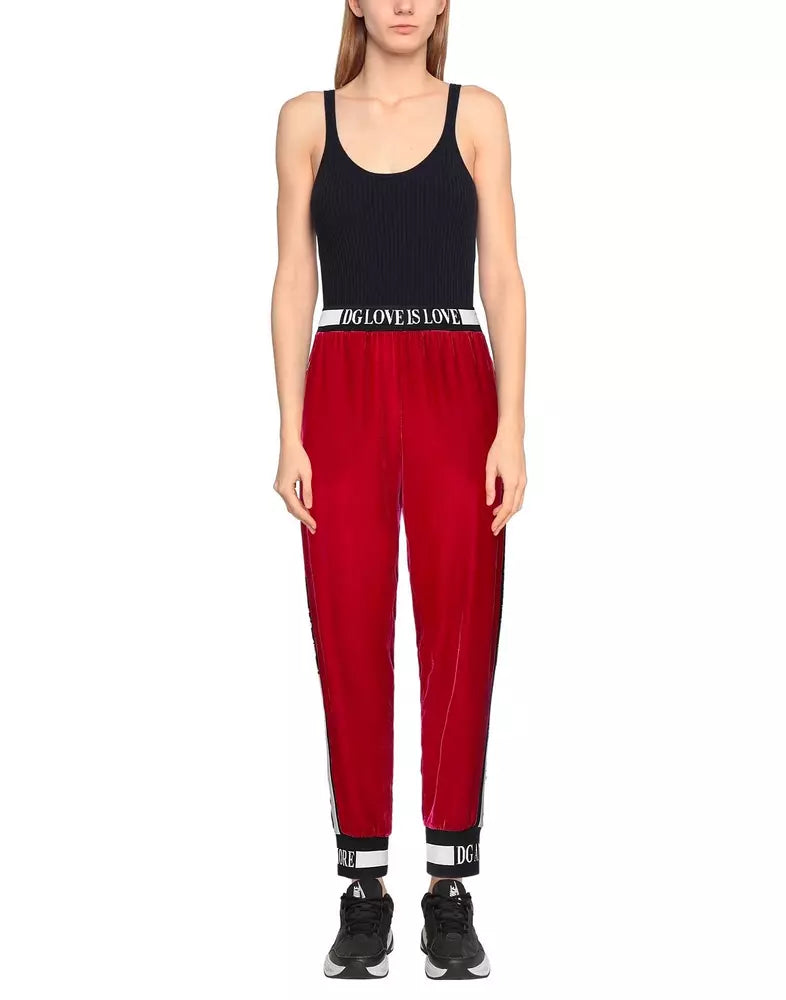 Wine Red Velvet Pants with Contrast Logo Band