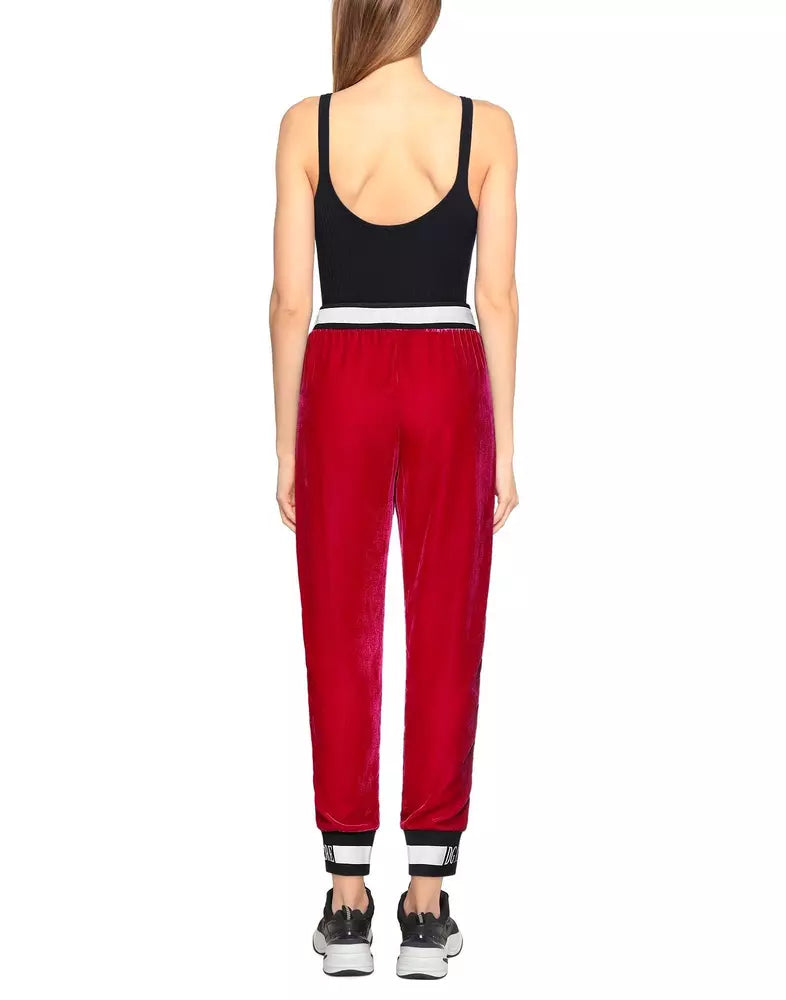 Wine Red Velvet Pants with Contrast Logo Band