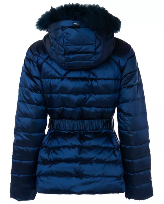 Chic Blue Short Down Jacket with Eco-Fur Hood