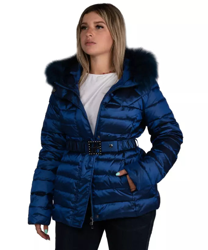 Chic Blue Short Down Jacket with Eco-Fur Hood