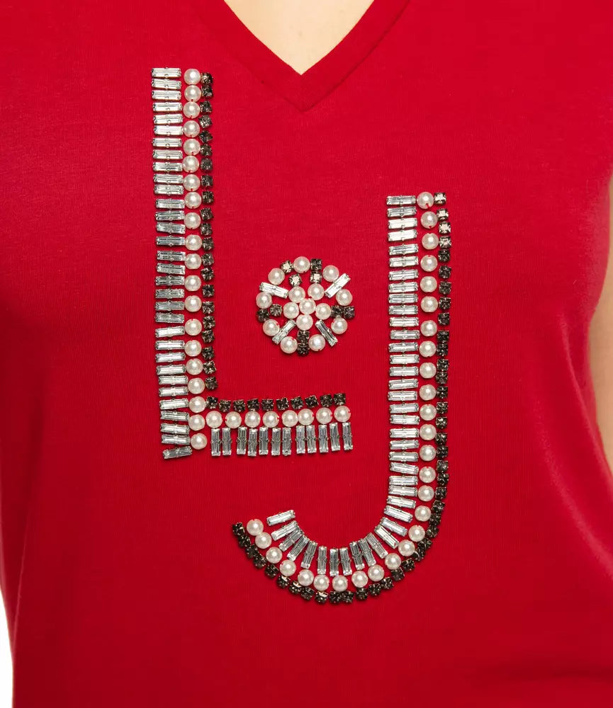 Rhinestone Beaded V-Neck Red Tee