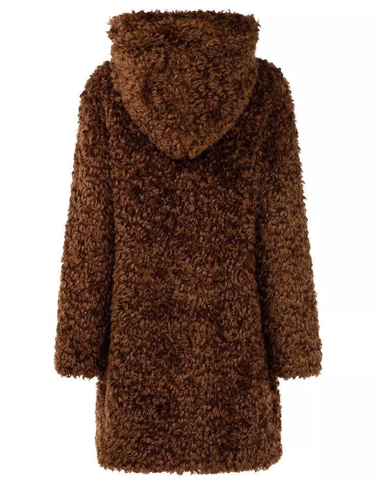 Plush Eco-Fur Coat with Hood in Brown