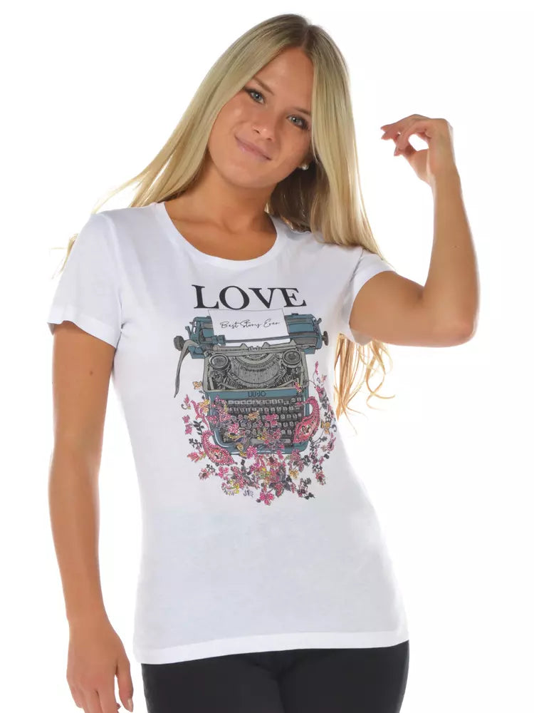 Elegant White Graphic Tee with Rhinestone Accents