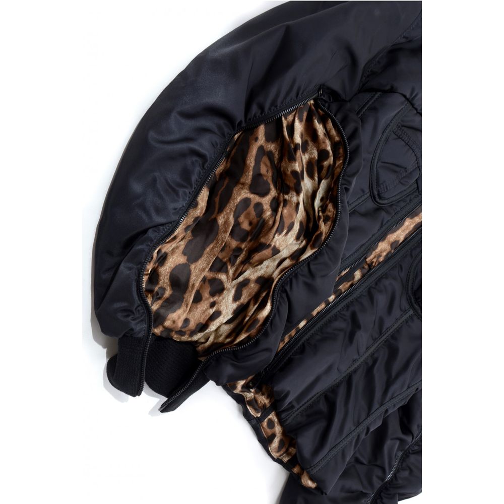 Elegant Zip Sleeve Bomber Jacket with Leopard Lining