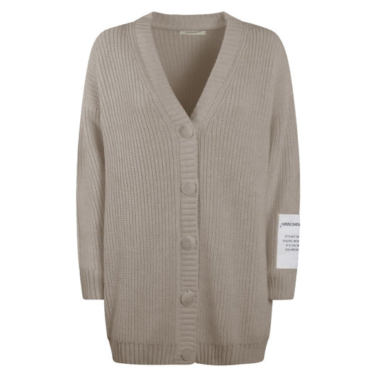 Oversized V-Neck Pearl Knit Cardigan - Beige