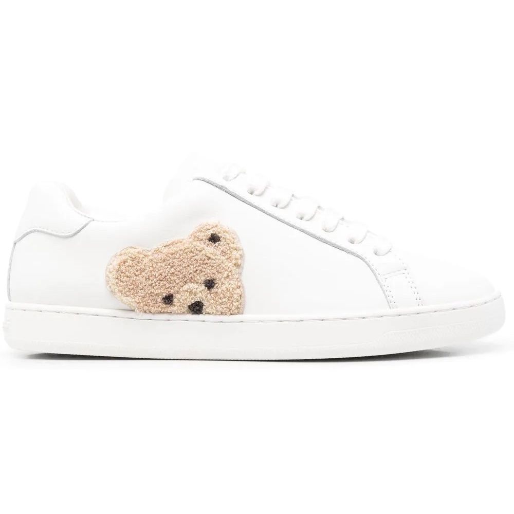 White Teddy Bear Motif Leather Sneakers