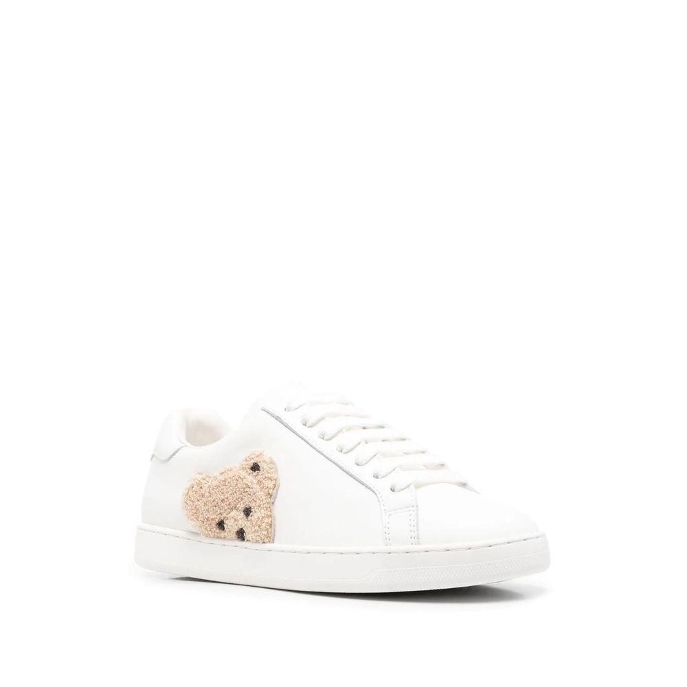 White Teddy Bear Motif Leather Sneakers