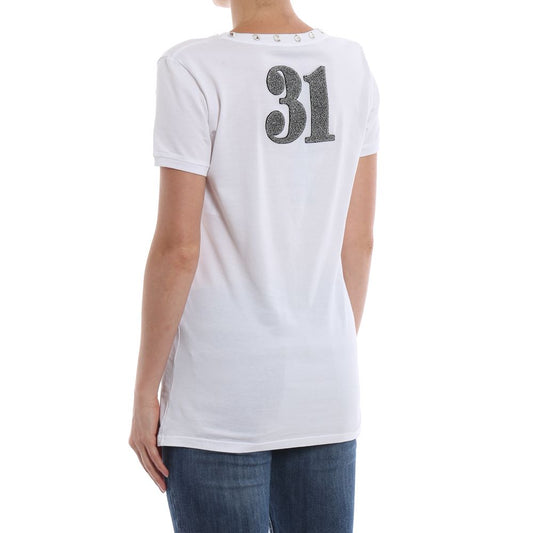 Elegant White Cotton Tee with Designer Emblem