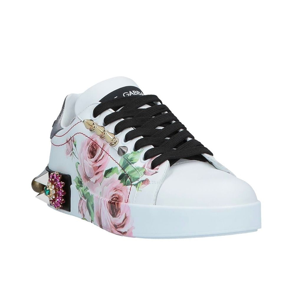 Chic White Calfskin Sneakers with Rose Detail