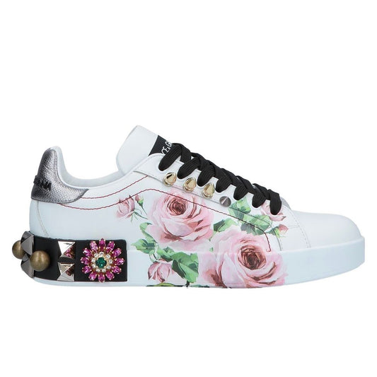 Chic White Calfskin Sneakers with Rose Detail