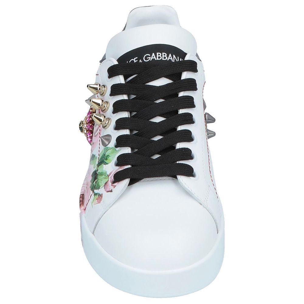 Chic White Calfskin Sneakers with Rose Detail