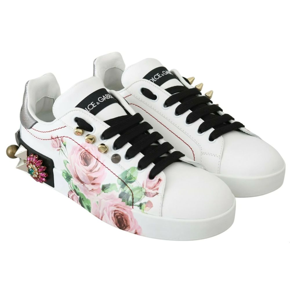 Chic White Calfskin Sneakers with Rose Detail