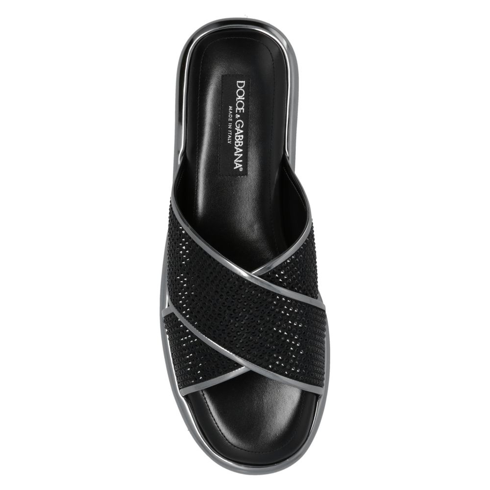 Black Zircon-Bedecked Leather Slippers