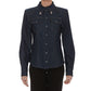 Elegant Blue Denim Rhinestone Collared Shirt