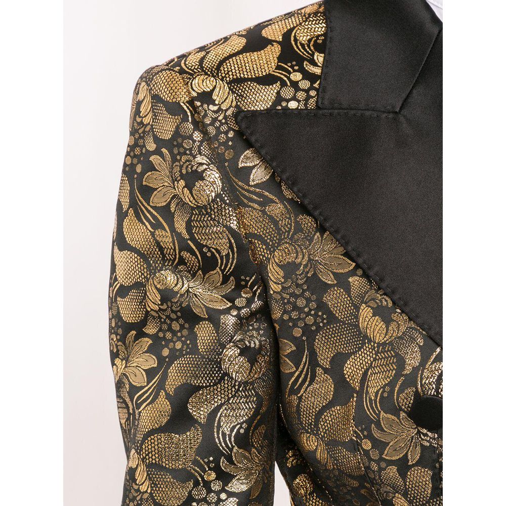 Golden Floral Jacquard Silk-Lapel Coat