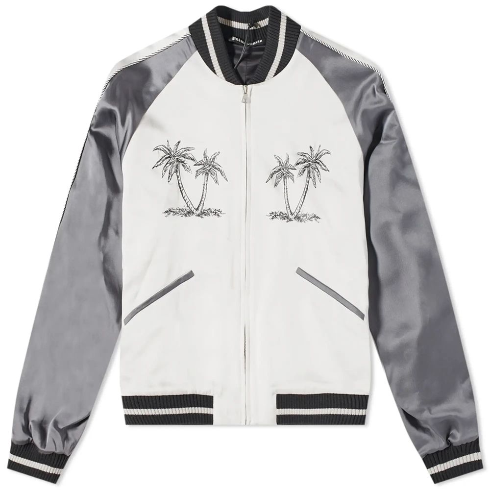 Embroidered White Bomber Jacket - Zipper Closure