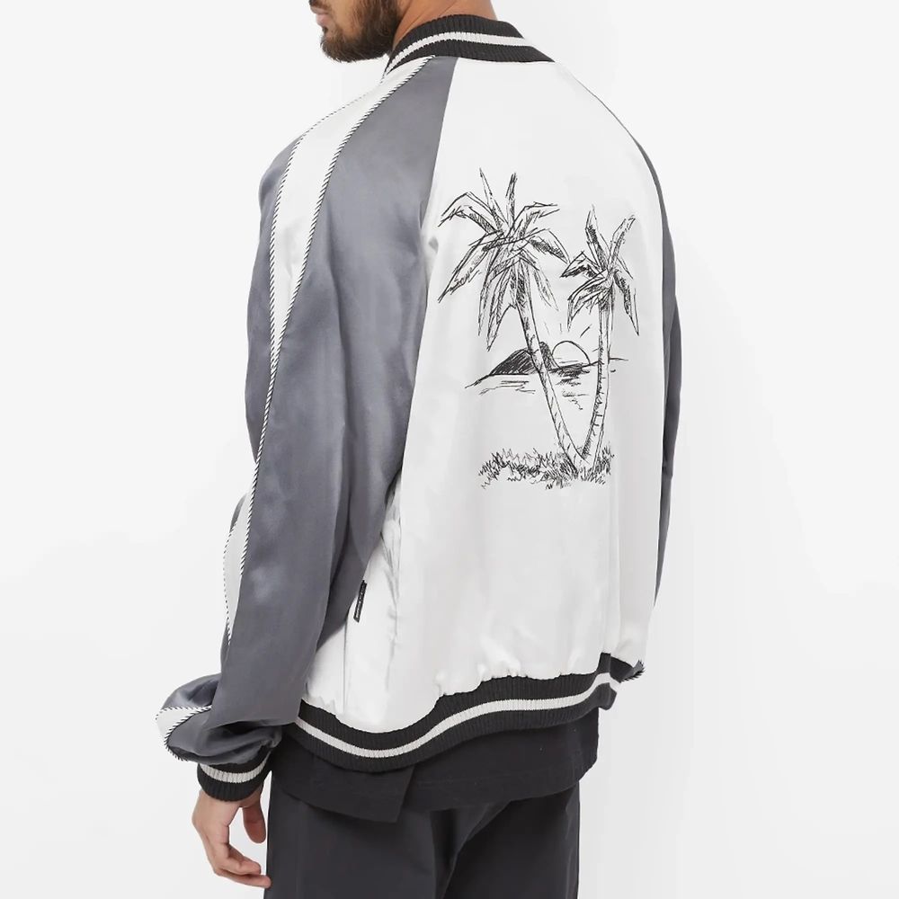 Embroidered White Bomber Jacket - Zipper Closure