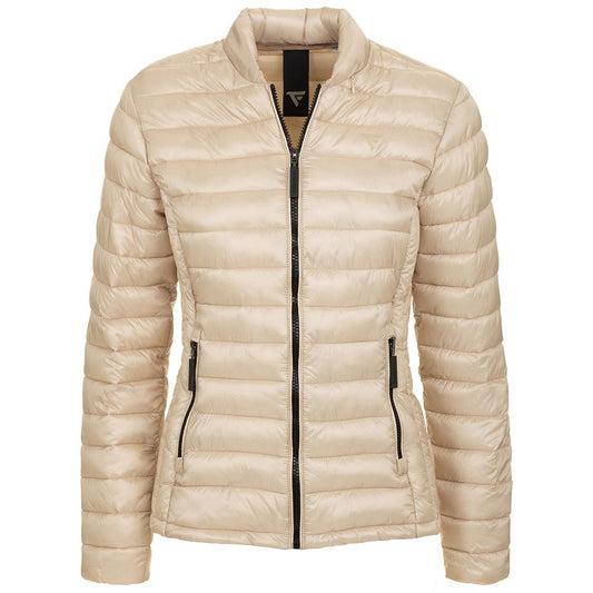 Chic Beige Short Nylon Down Jacket with Hidden Hood