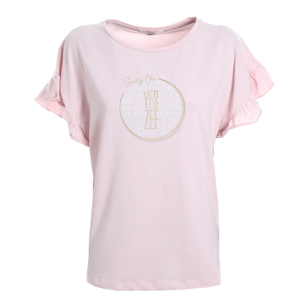 Chic Pink Bat Sleeve Cotton Tee with Ruffles