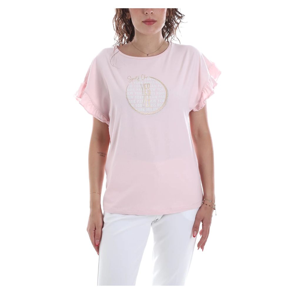 Chic Pink Bat Sleeve Cotton Tee with Ruffles