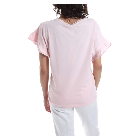 Chic Pink Bat Sleeve Cotton Tee with Ruffles