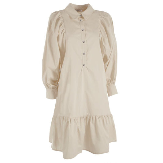 Beige Cotton Dress with Gathered Sleeves