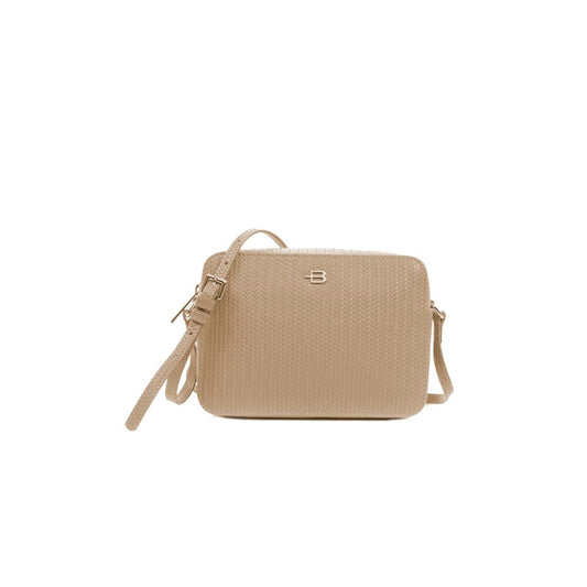 Chic Beige Calfskin Camera Bag with Woven Motif