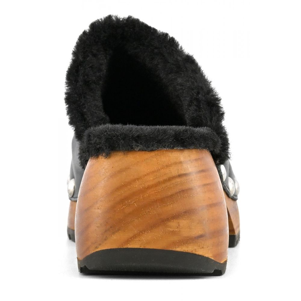 Elegant Black Leather Clogs with Faux Fur Trim