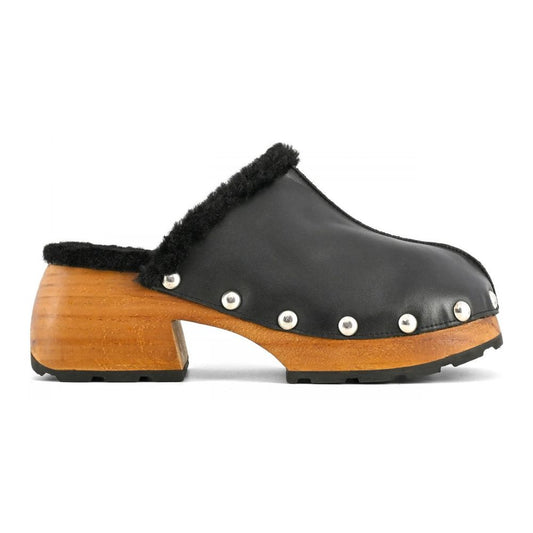 Elegant Black Leather Clogs with Faux Fur Trim