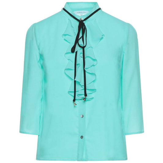 Elegant Light Blue Crepe Blouse with Ruffle Detail