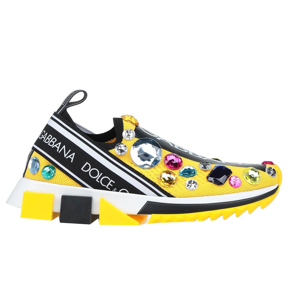 Jewel-Embellished Stretch Sneakers in Sunny Yellow