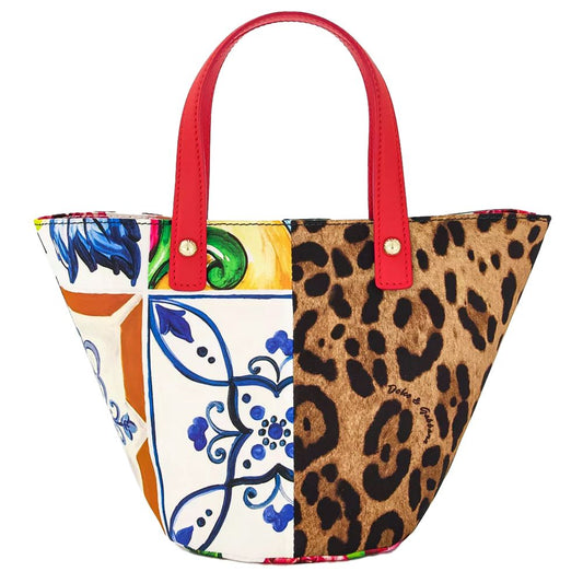 Elegant Floral Cotton Handbag with Leather Accents