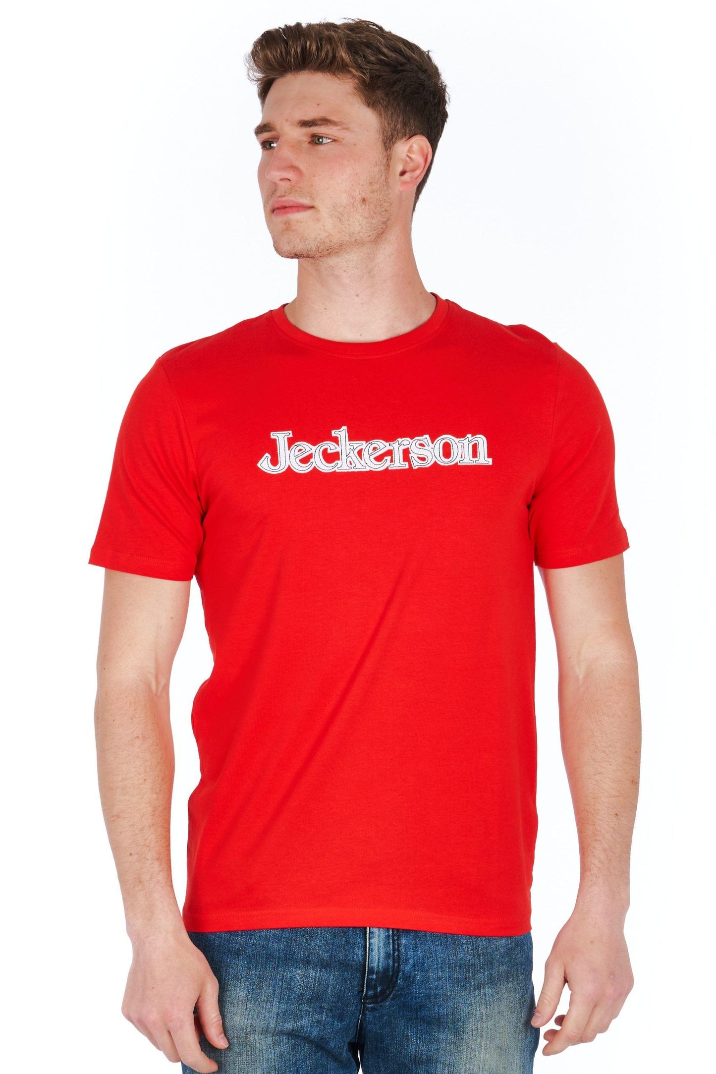 Sleek Red Jersey Tee with Emblem Detail