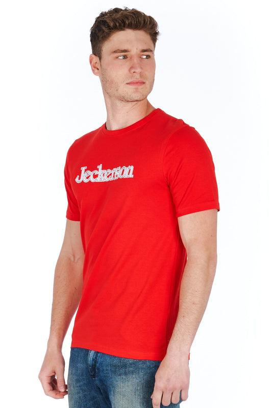 Sleek Red Jersey Tee with Emblem Detail