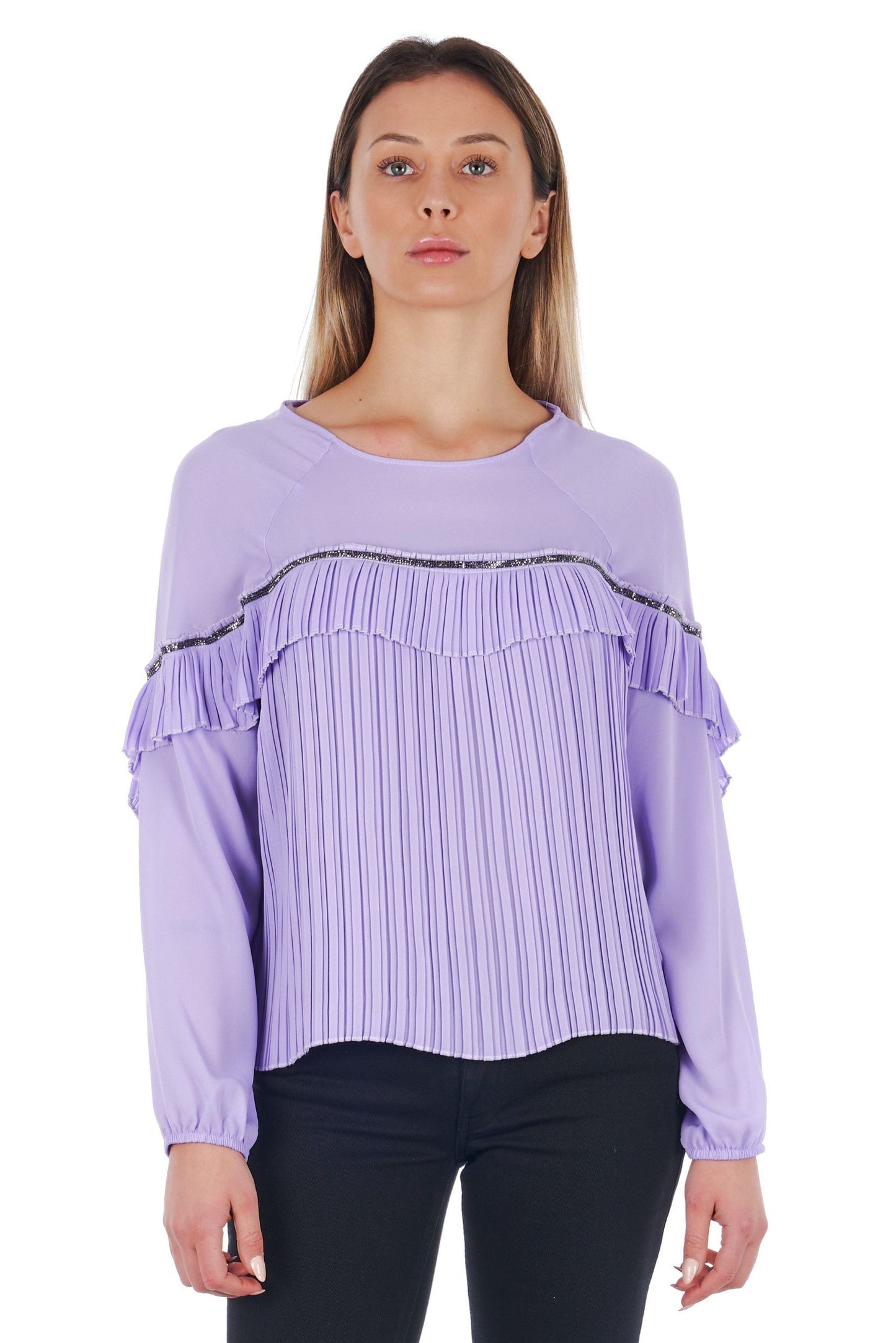 Elegant Violet Pleated Long-Sleeve Blouse