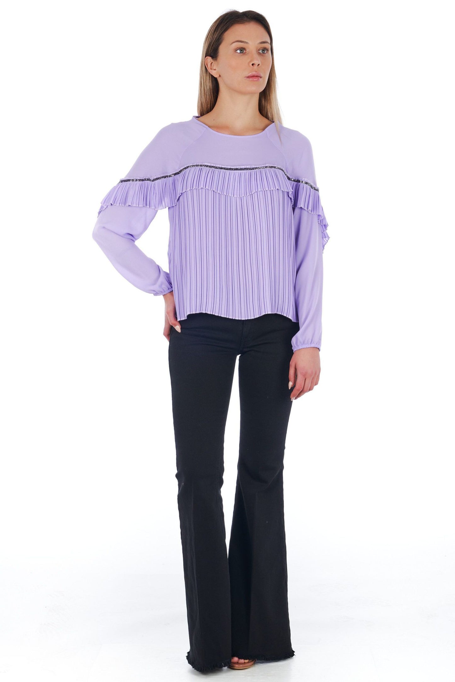 Elegant Violet Pleated Long-Sleeve Blouse