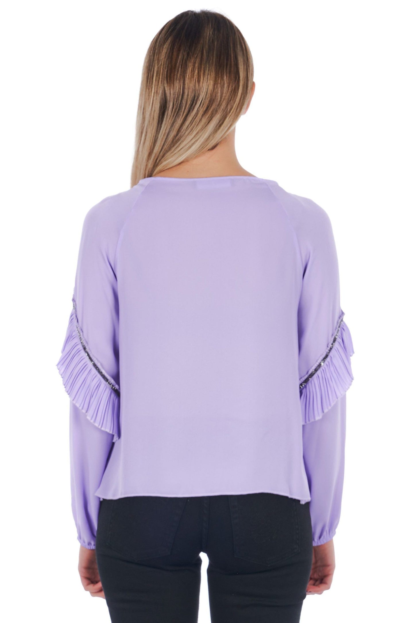 Elegant Violet Pleated Long-Sleeve Blouse