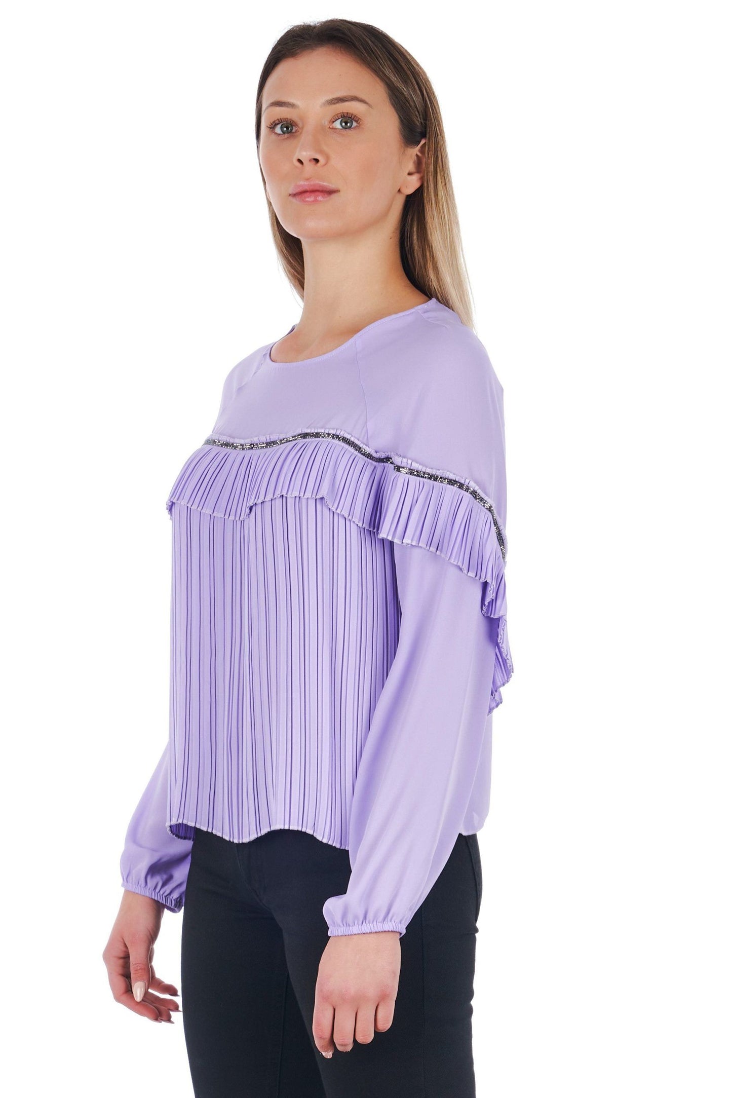 Elegant Violet Pleated Long-Sleeve Blouse