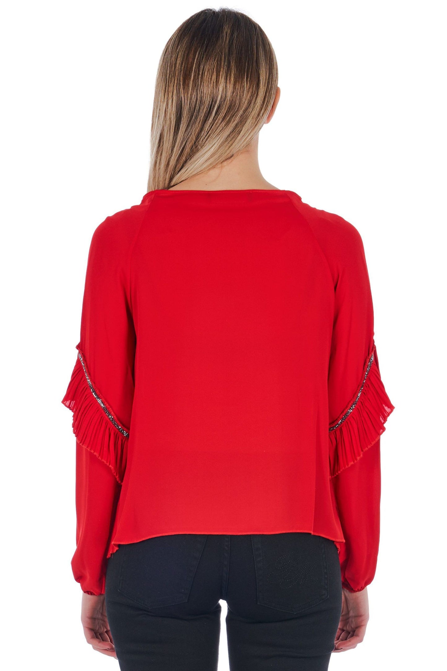 Elegant Red Pleated Long-Sleeve Blouse