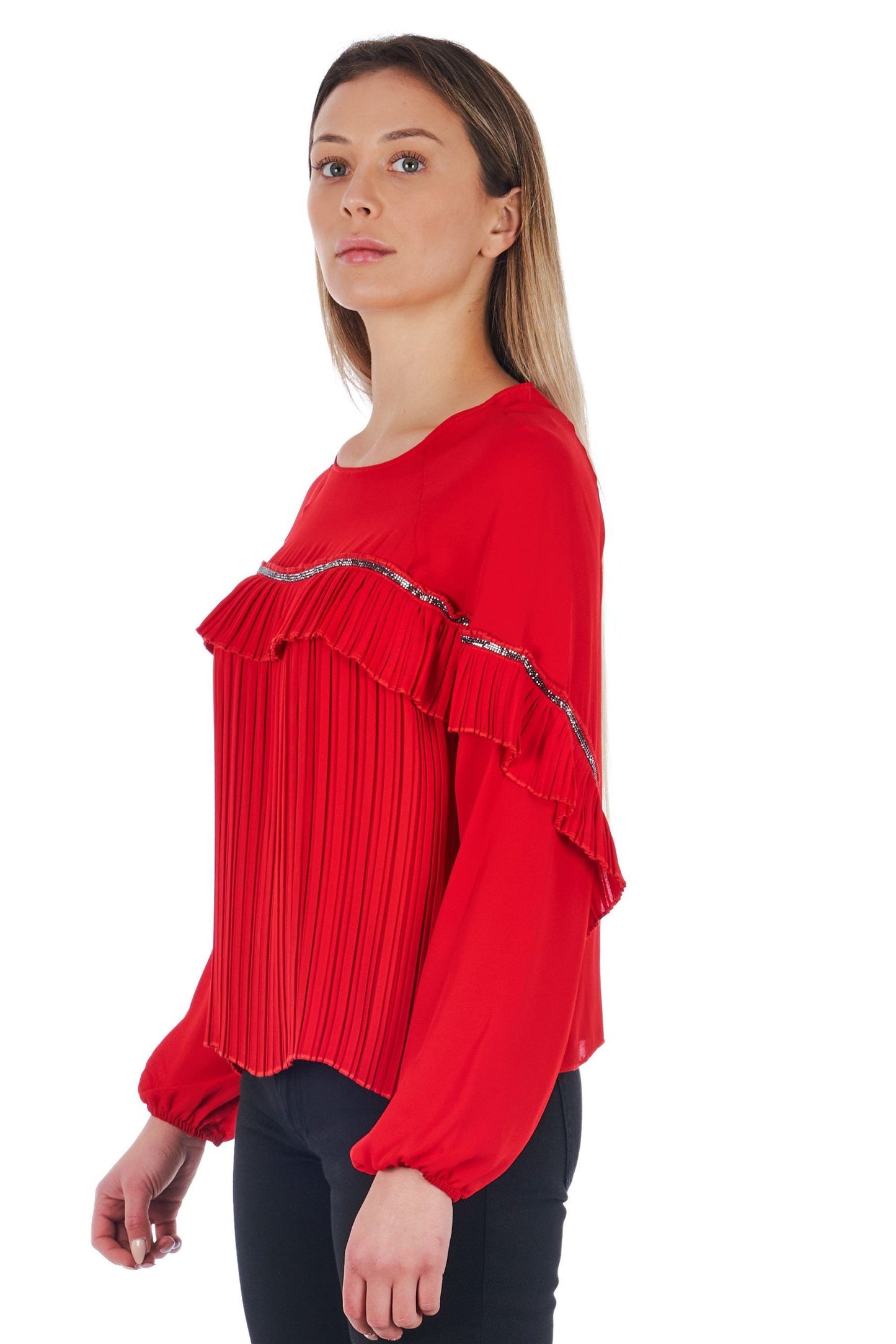 Elegant Red Pleated Long-Sleeve Blouse